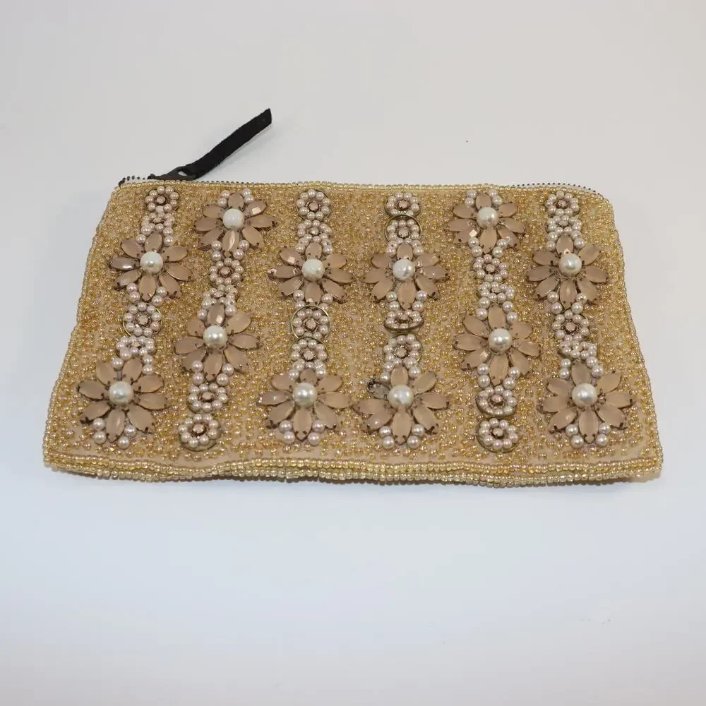 Vintage Beaded Floral Clutch w/ Pearls & Gems – Gold Satin Lining